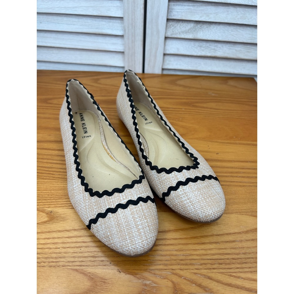 Anne Klein Ballet Flats 8.5M Beige Womens Scalloped Rick Rack Woven Shoes